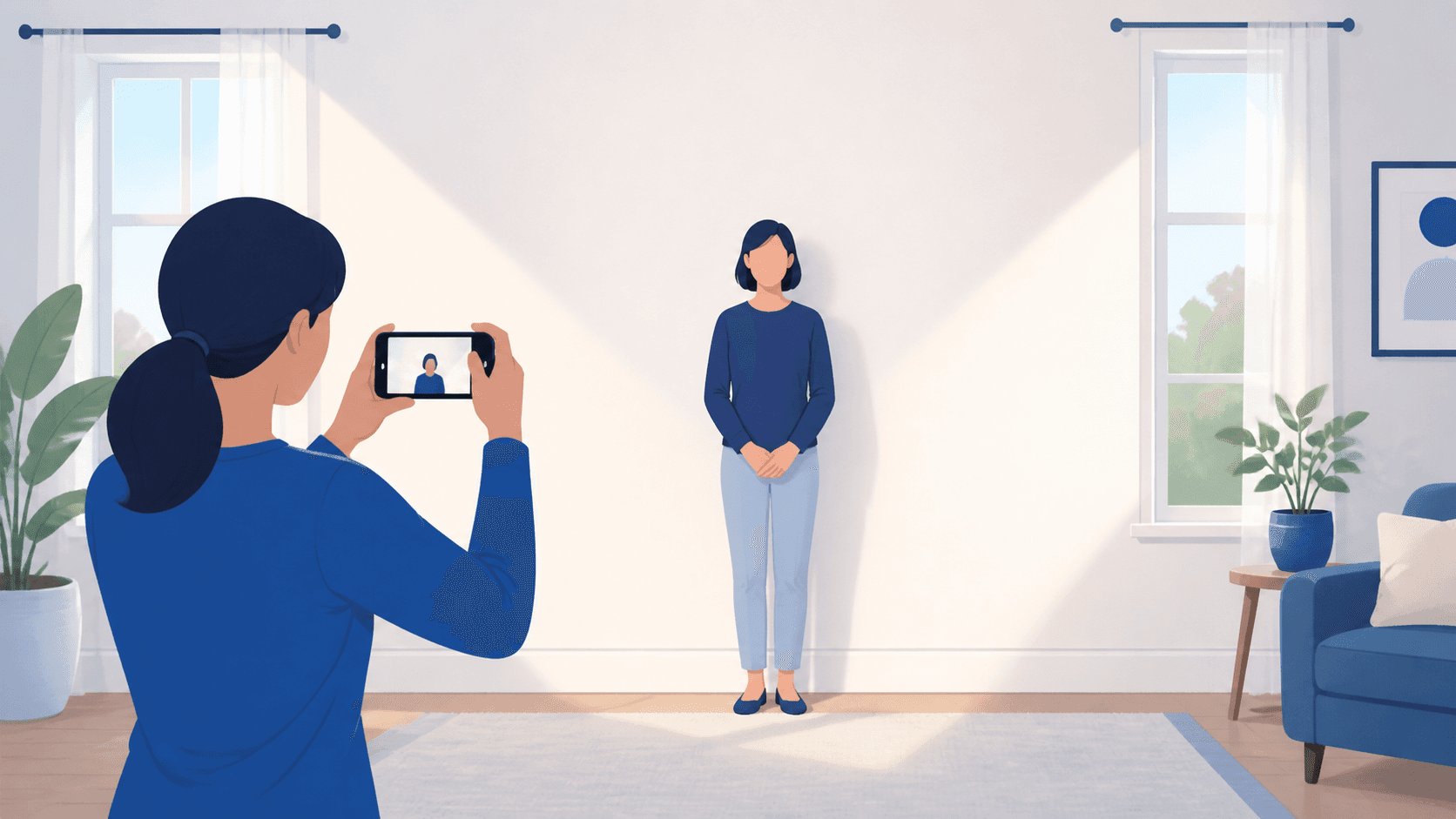 Illustration of a person photographing another person against a plain wall with soft window light