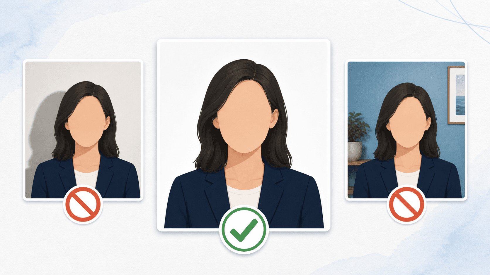 Illustration comparing a correct plain passport photo background with backgrounds that have shadows, color, texture, or objects