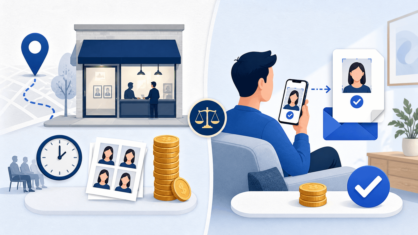 Illustration comparing an in-store passport photo visit with checking and preparing a passport photo online at home