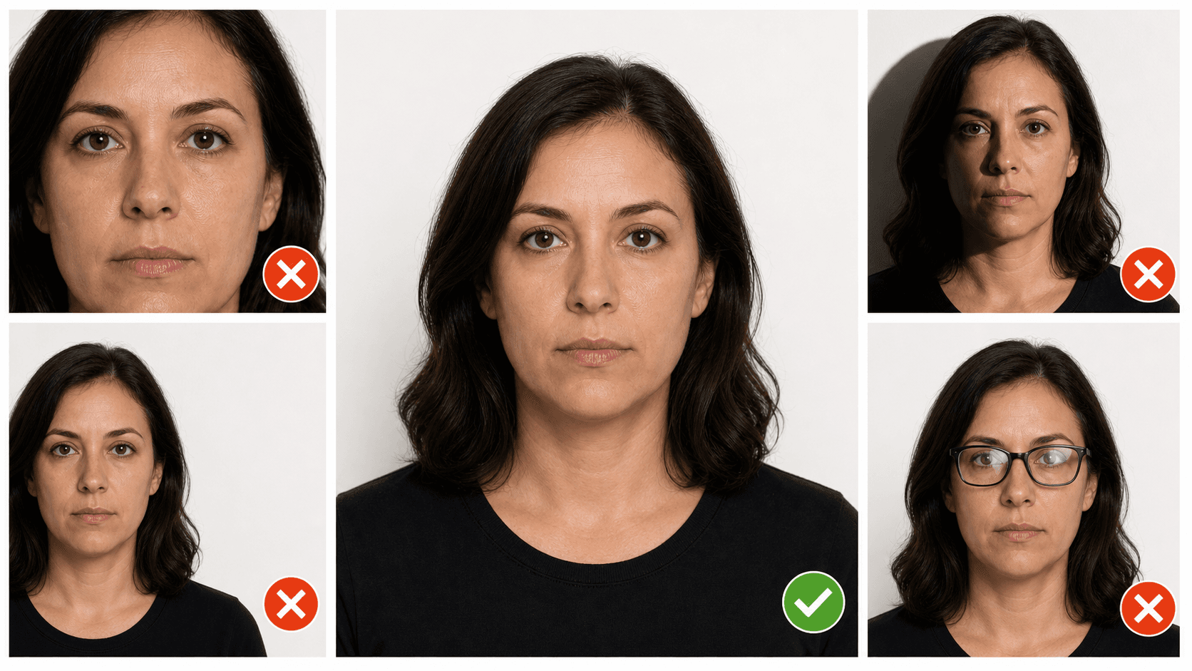 Photographic comparison of a compliant passport photo with examples that are cropped, off-center, shadowed, or obscured by glasses glare
