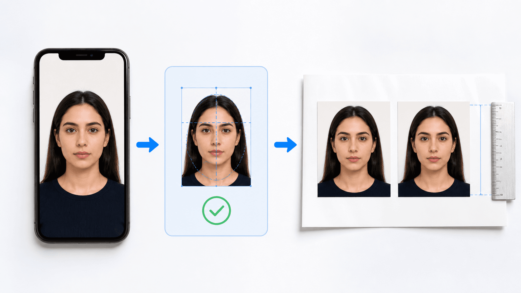 Photographic illustration of taking and checking an original passport photo, then receiving a 4x6 print sheet with two 2x2 passport photos
