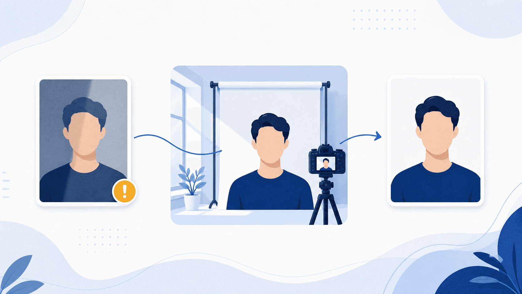 Illustration of retaking a passport photo with even light after spotting a problem