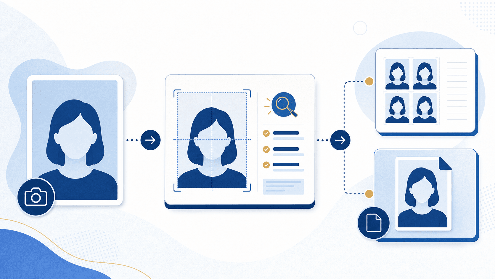 Illustration of checking a passport photo and choosing a print or digital output