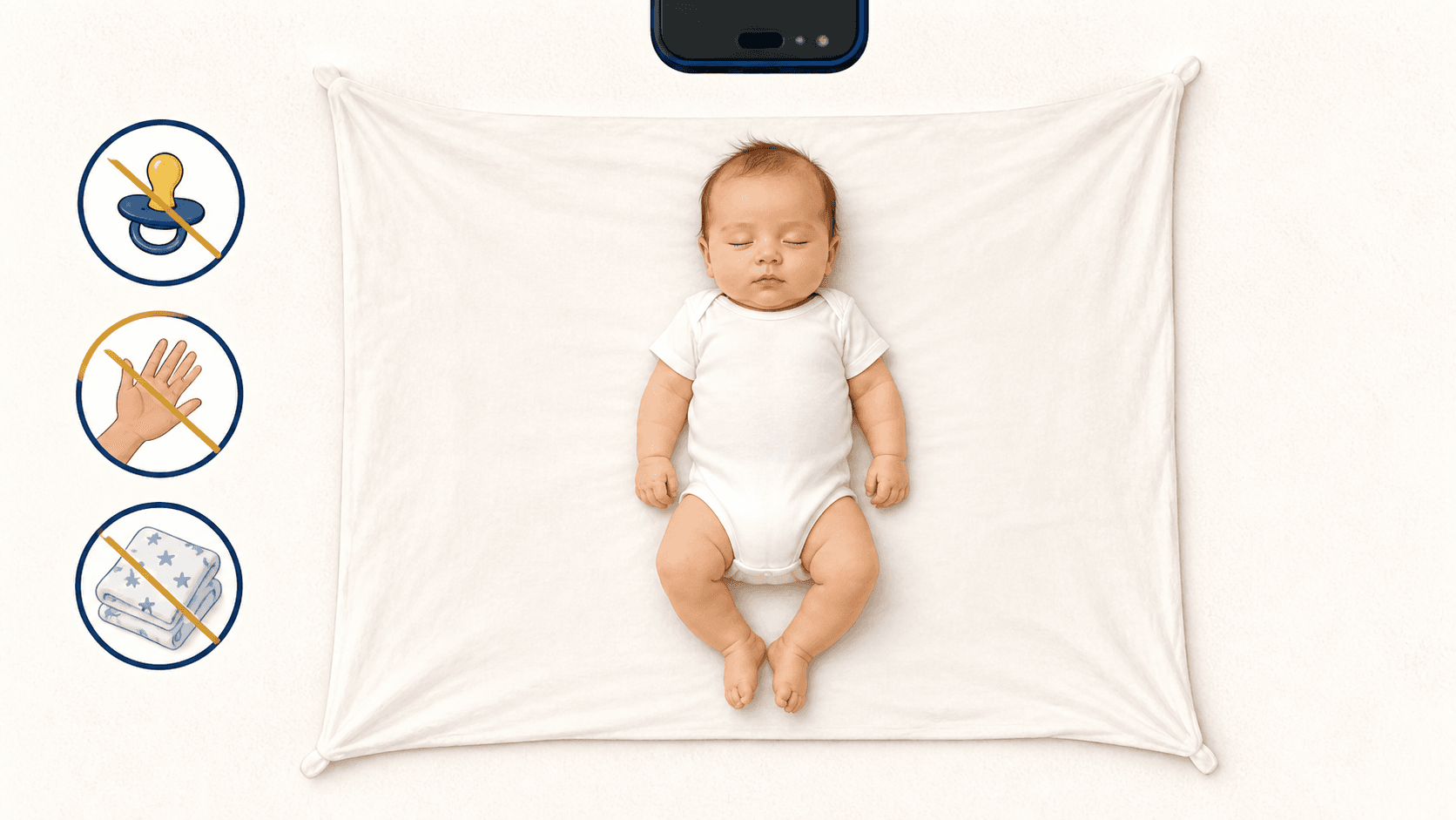 Illustration of a baby centered on a plain white sheet for an at-home passport photo, with reminders to remove a pacifier, hands, and patterned blankets