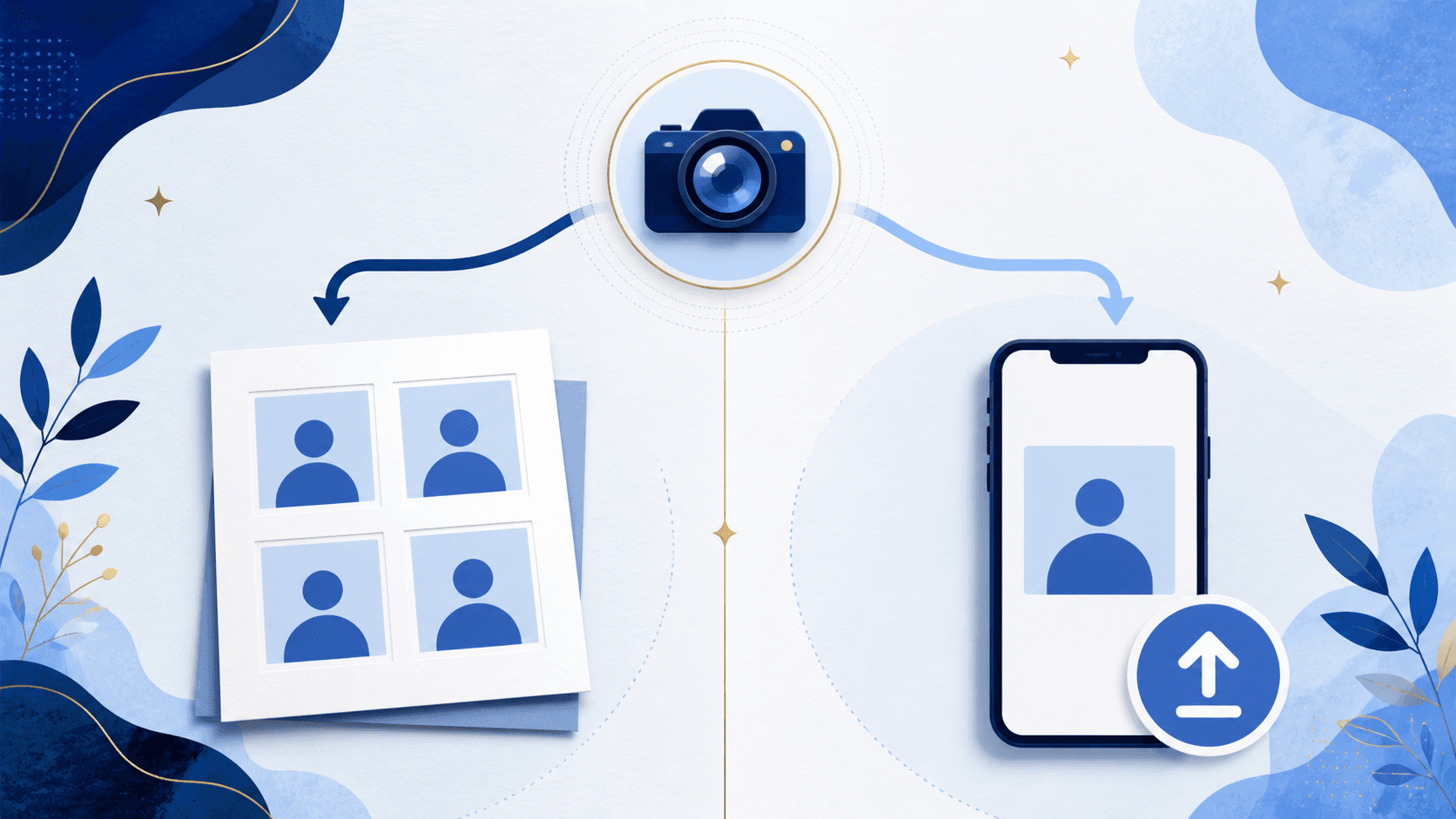 Illustration comparing a printed passport photo sheet with a digital photo upload