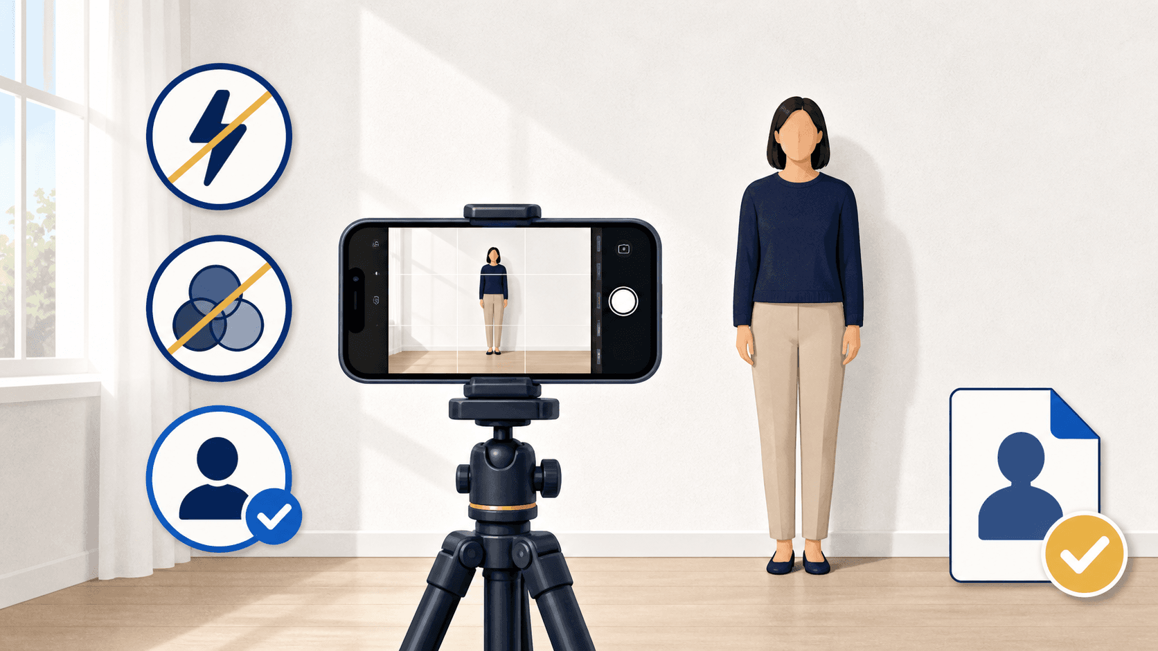 Illustration of a phone on a tripod taking a passport photo in soft window light against a plain wall