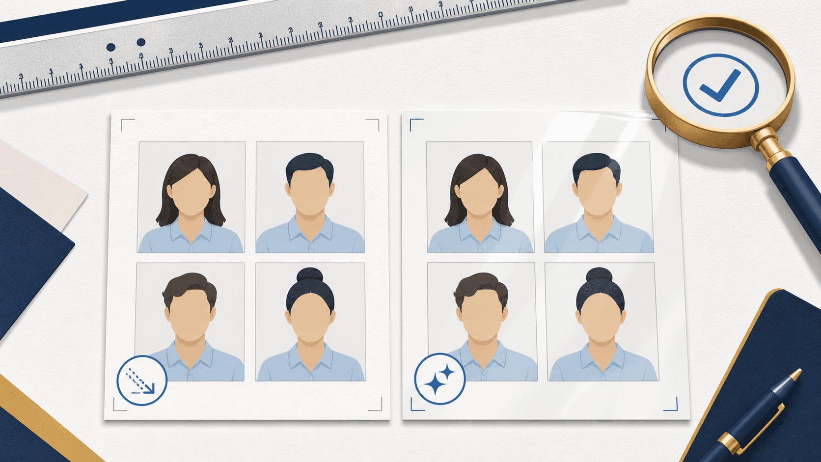 Illustration comparing matte and glossy passport photo print sheets with a ruler and print-quality check