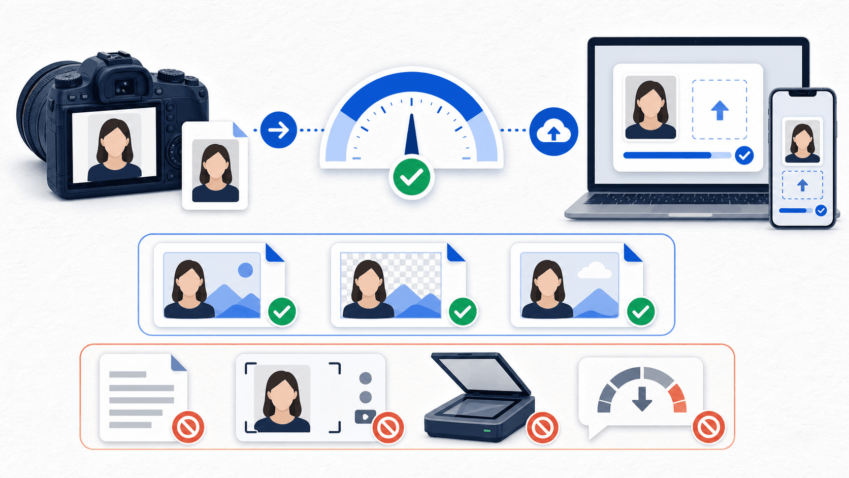 Illustration showing an original camera photo file moving through a valid-size upload path, with scans and screenshots marked as unsuitable