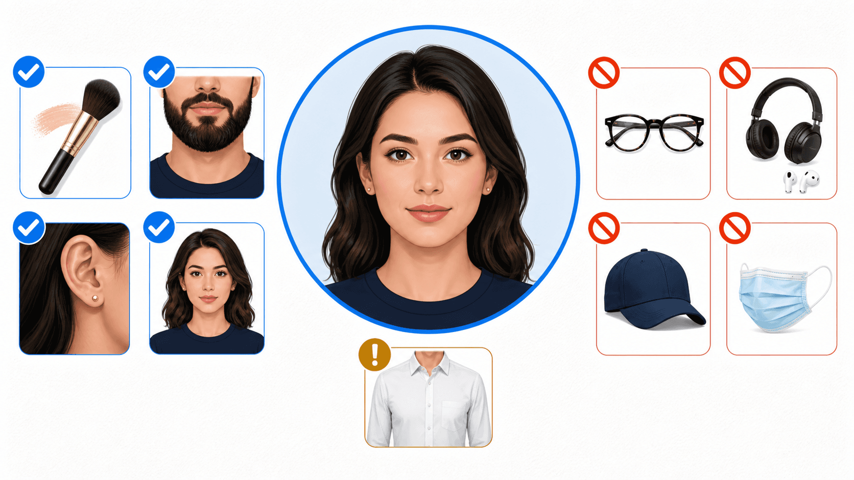 Illustration showing allowed everyday makeup, beard, earrings, and hair; items to remove; and a caution about pale clothing blending into the background