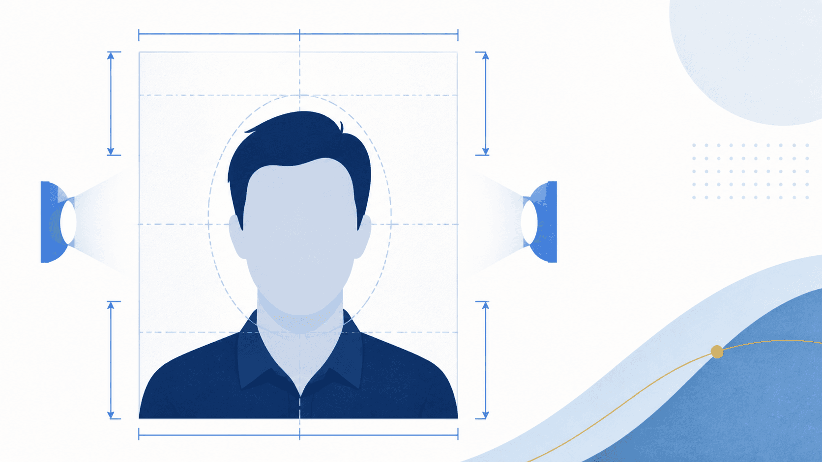 Illustration of a centered passport photo frame with even lighting and sizing guides