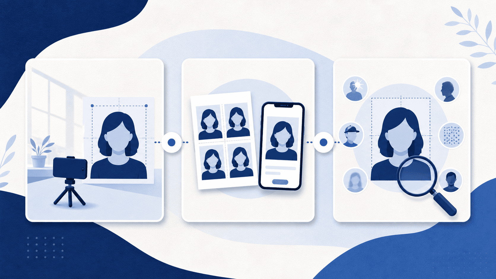 Illustration of taking a passport photo, choosing print or digital output, and checking rejection risks