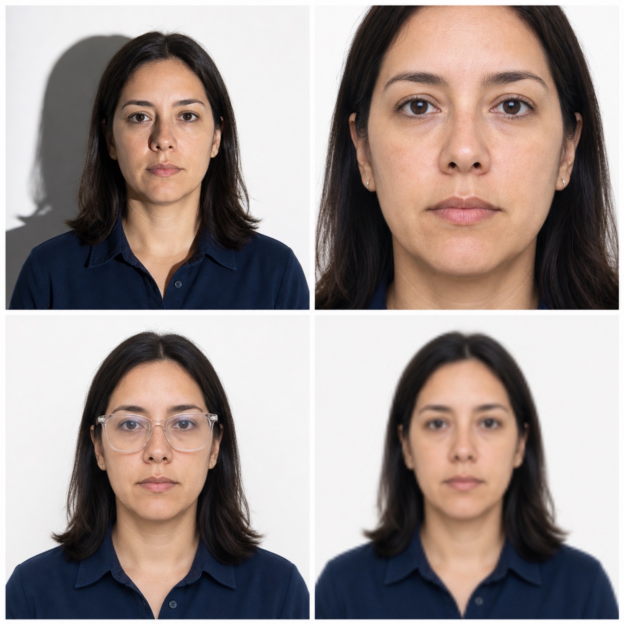 Four passport photo examples showing shadows, an oversized crop, glasses, and blur
